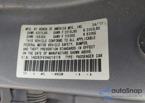 2017 Honda Accord Ex-L from USA, damaged, VIN 1HGCR2F83HA218176